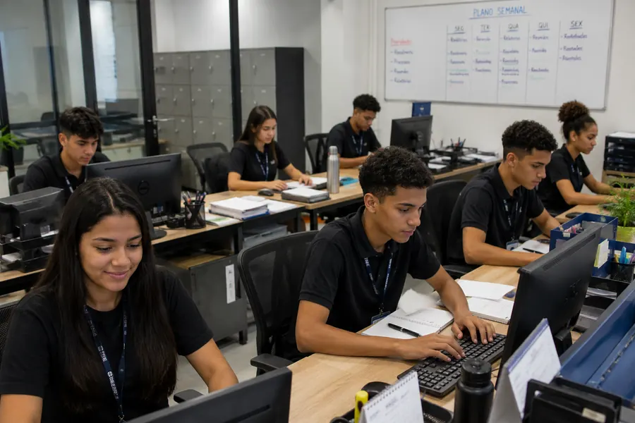 Jovens aprendizes em ambiente profissional